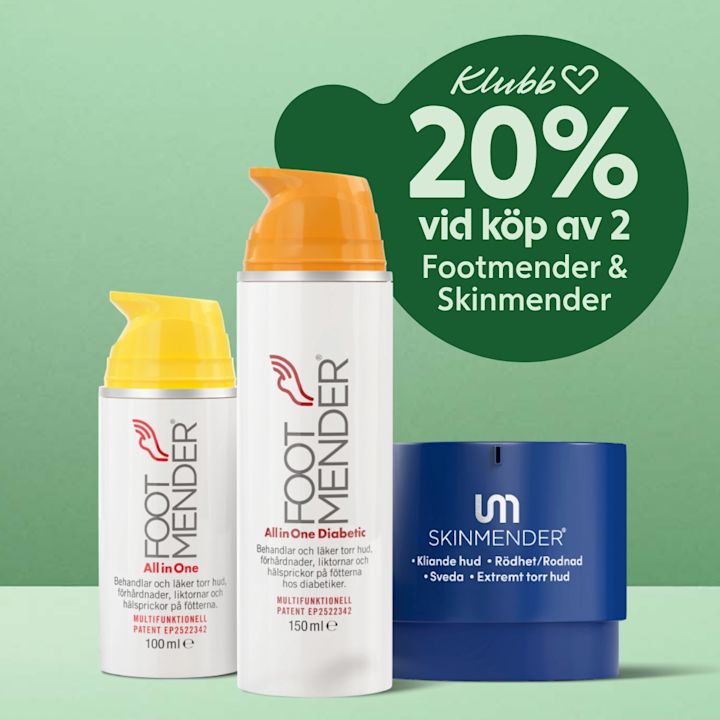 Tre hudvårdsprodukter i förgrunden: två vita FootMender-pumppaket med gula och orangea lock och en blå SkinMender-kruka, mot en ljusgrön bakgrund med rund grön skylt text "Klubb 20% vid köp av 2 Footmender & Skinmender".
