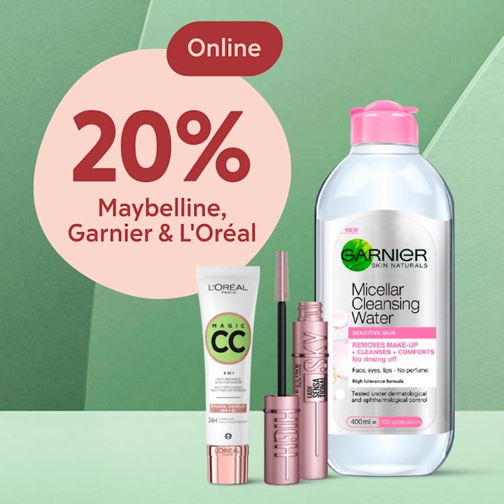 Erbjudande med 20 procent rabatt online på Maybelline, Garnier och L'Oréal produkter mot en grön bakgrund.