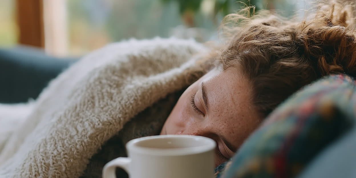 Kvinna ligger nedbäddad i soffan och vilar.