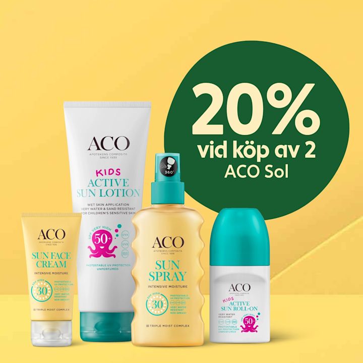 Fyra ACO solskyddsprodukter (sun face cream SPF30, kids active sun lotion SPF50, sun spray SPF30, kids sun roll-on SPF50) uppställda framför gul bakgrund med grön cirkel text "20% vid köp av 2 ACO Sol".