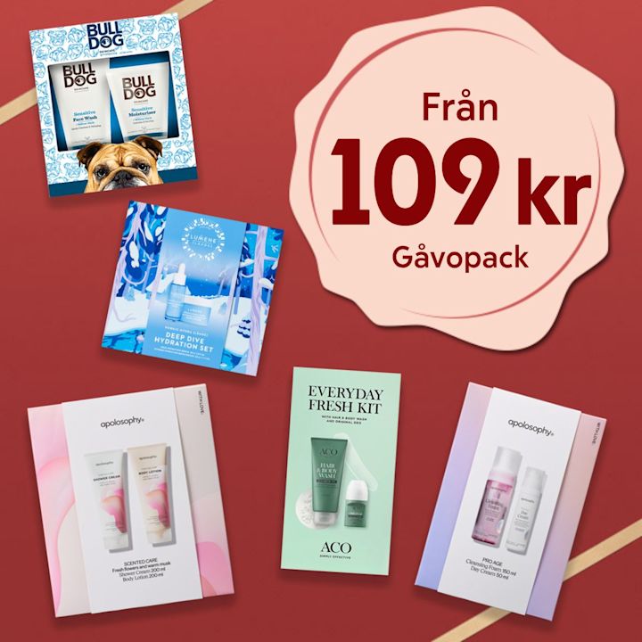 Fem olika gåvopack med hudvårdsprodukter från Bulldog, Lumene, Apolosophy och ACO visas mot en röd bakgrund med texten "Från 109 kr Gåvopack".