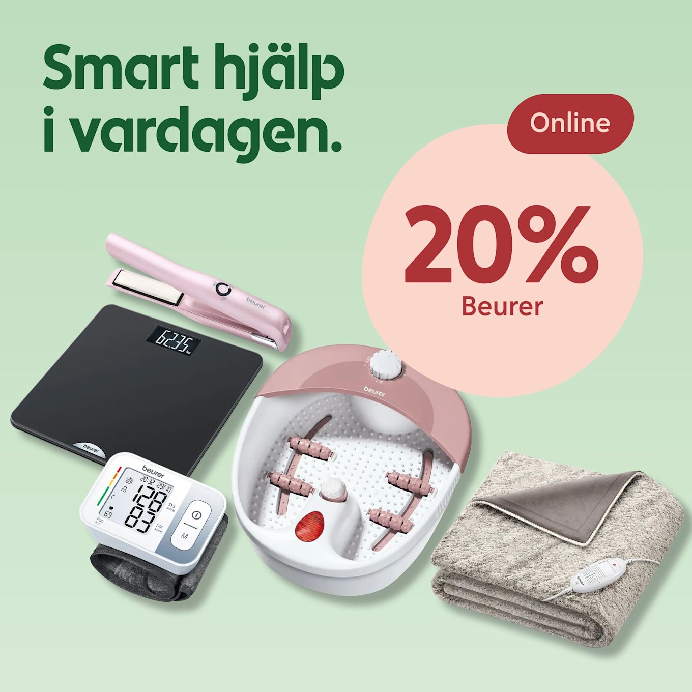 Flera produkter från varumärket Beurer (fotspa, våg, blodtrycksmätare, hårstyler och värmefilt) står uppställda mot ljusgrön bakgrund med text "Smart hjälp i vardagen" och en cirkel som visar "20% på Beurer online".
