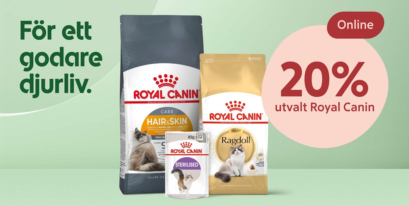 Stora påsar och portionspaket med Royal Canin-kattmat i förgrunden, bredvid en rosa cirkel med texten "20% utvalt Royal Canin" och grön bakgrund med texten "För ett godare djurliv.".