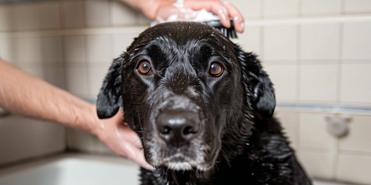 Hund får pälsen tvättad med schampo i ett badkar medan en person håller och borstar pälsen. Bilden illustrerar hundvård och hur rätt hundschampo kan anpassas efter hundens hud, päls och individuella behov.