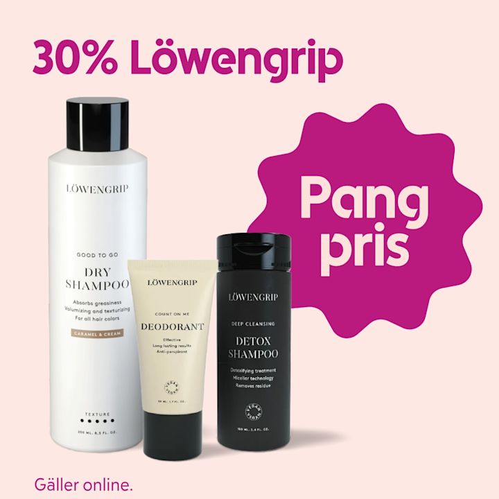 Tre Löwengrip-produkter (dry shampoo, deodorant, detox shampoo) stående på ljusrosa bakgrund med texten "30% Löwengrip" och en lila prislappform med texten "Pang pris", samt små ordet "Gäller online".