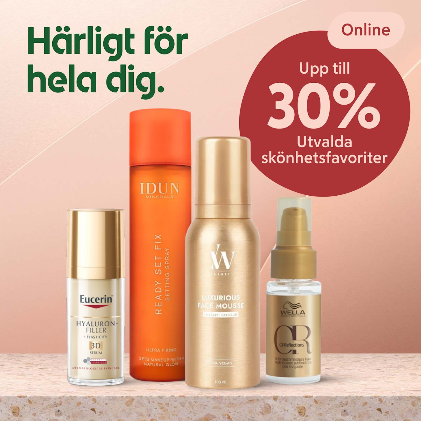 Fyra skönhetsprodukter från Eucerin, Idun Minerals, VV Beauty och Wella står på en stenbänk med text om upp till 30% rabatt online.