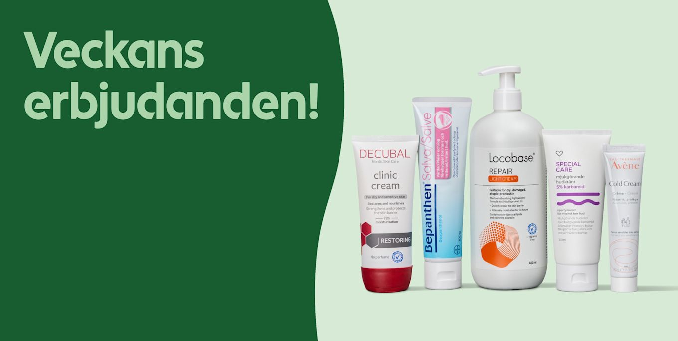 Fem hudvårdsprodukter i tub och pumpflaska (Decubal, Bepanthen, Locobase, Special Care, Avène) uppradade mot en ljusgrön bakgrund med texten "Veckans erbjudanden!" på mörkgrön vänstersida.