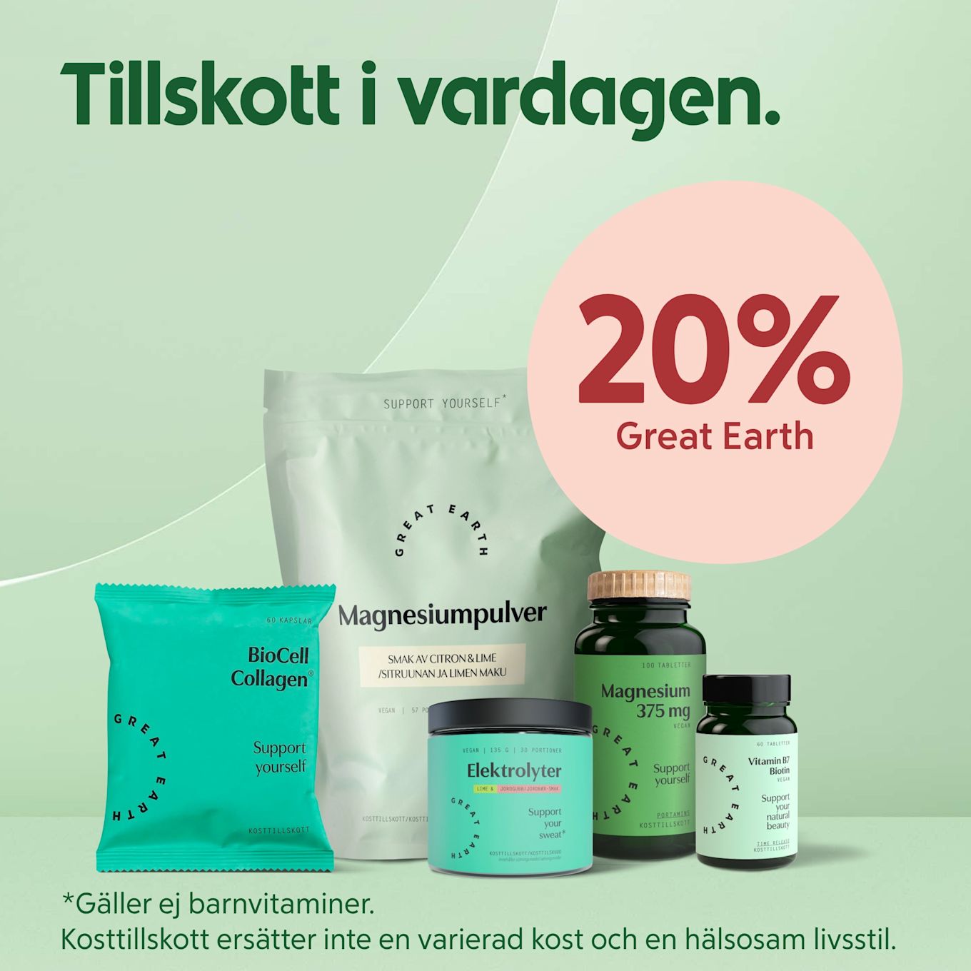 Fem mintgröna kosttillskottsförpackningar (BioCell Collagen, Magnesiumpulver, Elektrolyter, Magnesium 375 mg och Vitamin B7) uppradade framför en ljusgrön bakgrund med texten "Tillskott i vardagen" och en rosa cirkel med "20% Great Earth".