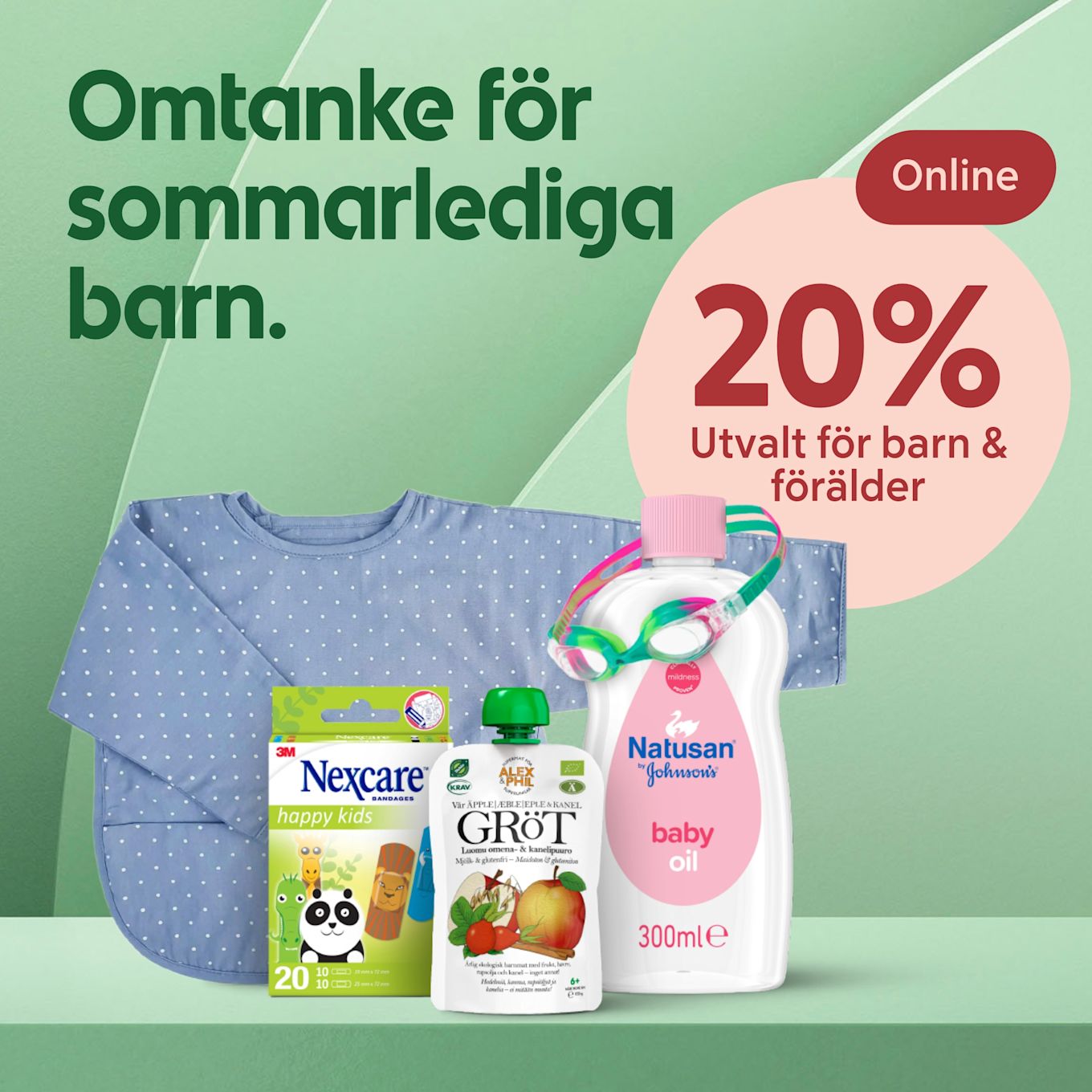 Grön bakgrund med texten "Omtanke för sommarlediga barn". Blå prickig haklapp, barnmatsklämmis, Nexcare barnplåster, Natusan babyolja och simglasögon. En rosa cirkel som visar "20% Utvalt för barn & förälder".