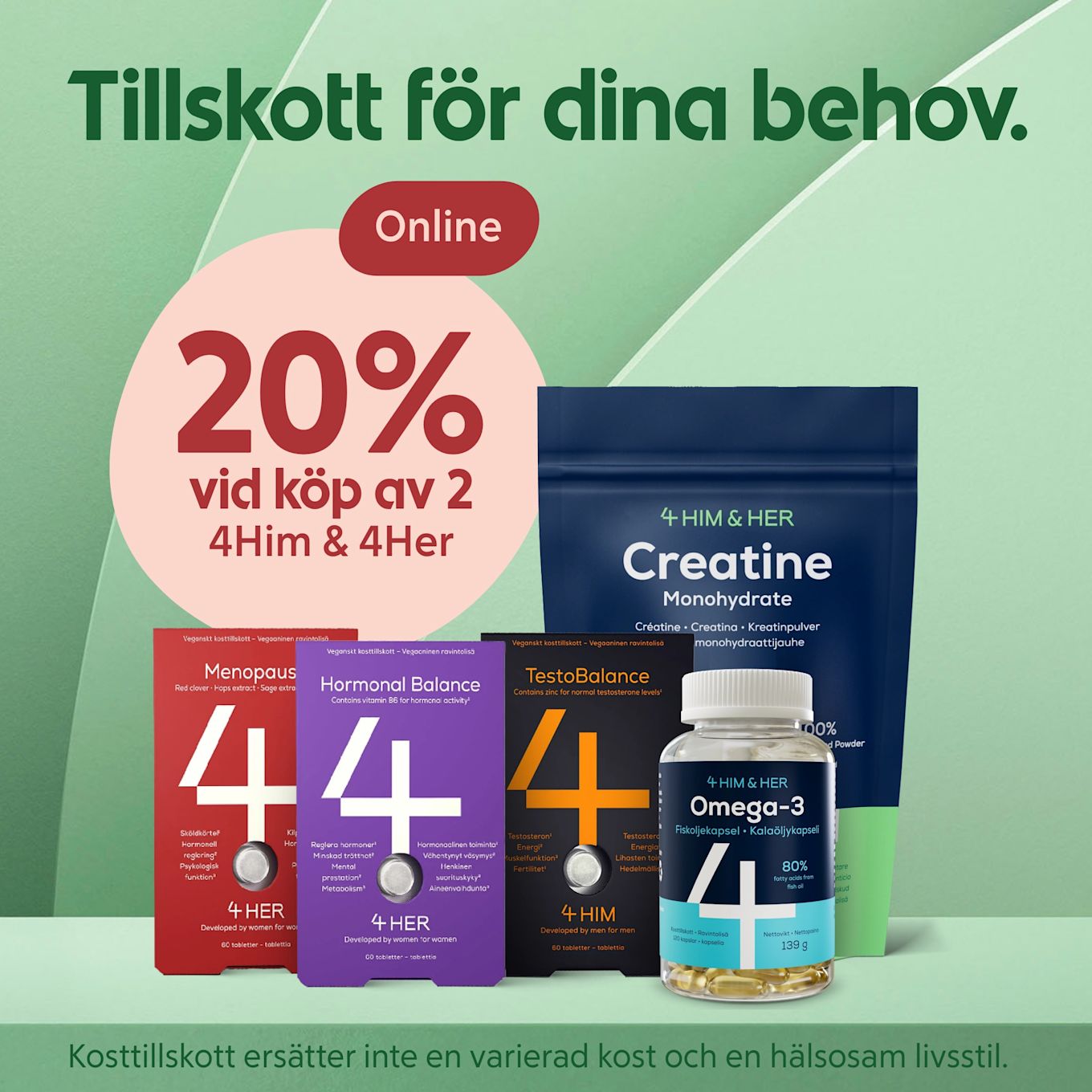 Flera kosttillskottsprodukter (4Her, 4Him, kreatin, omega-3) uppradade framför mintgrön bakgrund med text "20% vid köp av 2" och rubriken "Tillskott för dina behov".