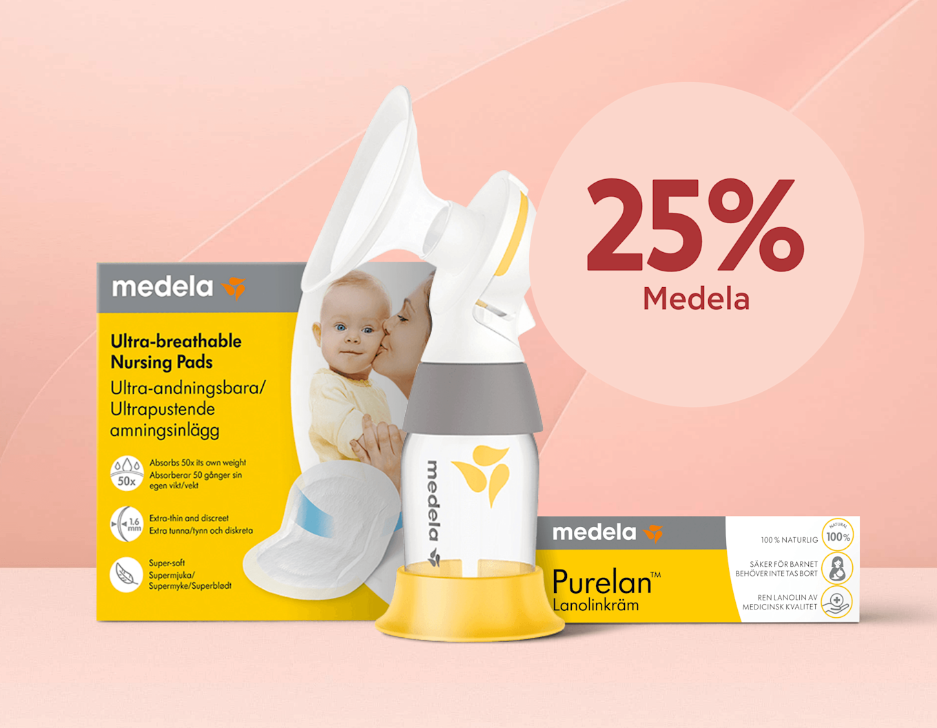 Vit bröstpump och gulvit förpackning med Medela-logotyp och texten "25% Medela" i stor cirkel mot rosa bakgrund.'