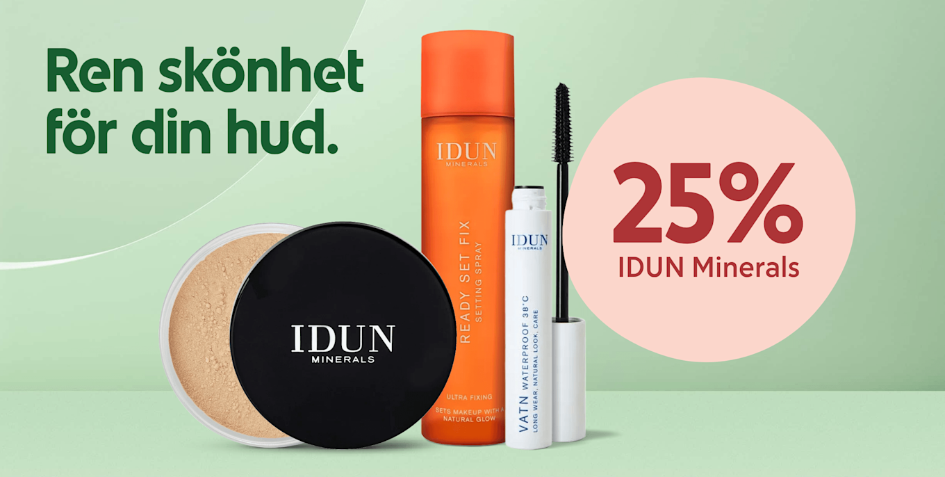 Fyrdeligt Idun Minerals-sminkset (löst puder, svart lock med logotyp, orange fixeringsspray och vit mascara med borste) framför mintgrön bakgrund och rosa cirkel med texten "25%".