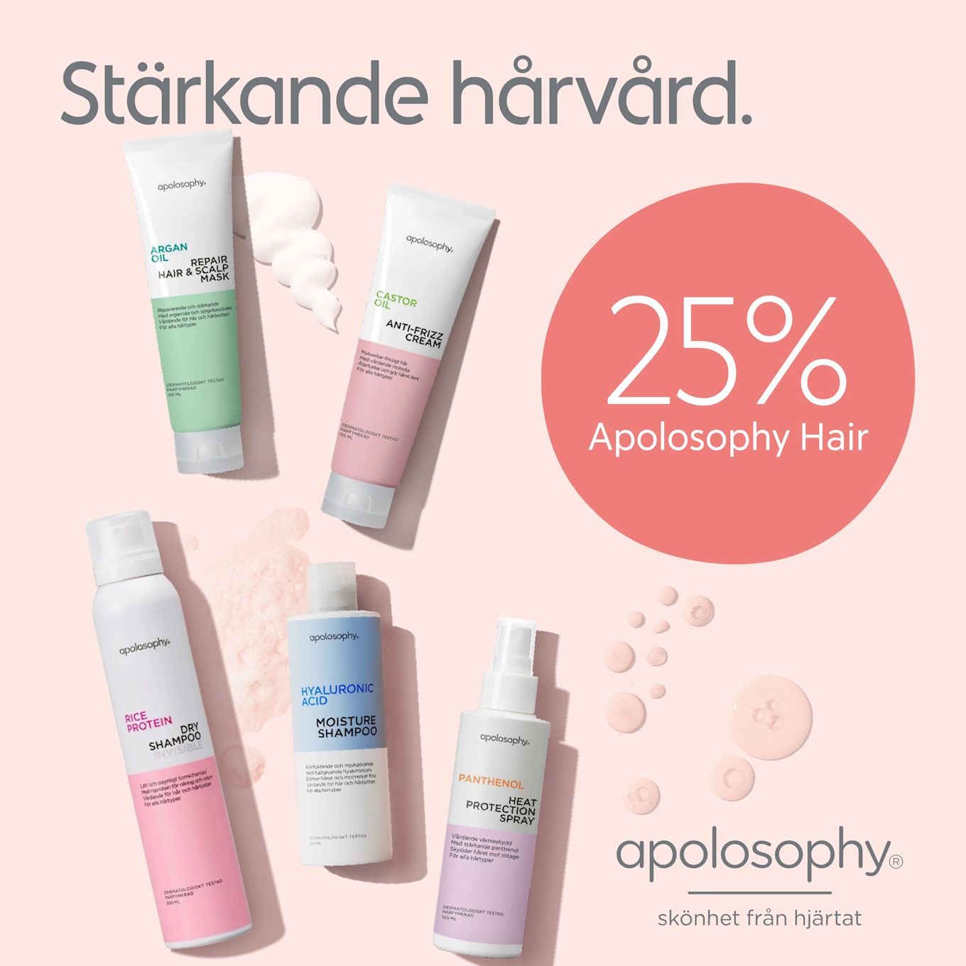 Fem Apolosophy hårvårdsprodukter i pastellfärger (torrschampo, reparerande inpackning, återfuktande shampo, anti-frizz-kräm, värmeskyddsspray) liggande på rosa bakgrund med en stor rosa cirkel som visar "25% Apolosophy Hair".