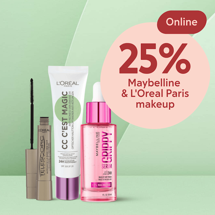 Tre makeupprodukter (Maybelline rosa dropper-flaska, L'Oréal vit tube och ögonfransmascaraborste med öppen hylsa) framför en mintgrön bakgrund med en rosa cirkeltext som visar "25% Maybelline & L'Oreal Paris makeup" och en röd etikett med texten "Online".