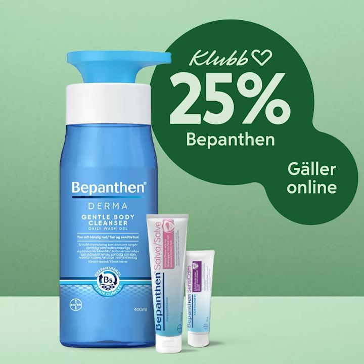 Stor blå flaska Bepanthen Derma Gentle Body Cleanser med pump i förgrunden och två mindre Bepanthen-salvor framför en grön bakgrund med texten "Klubb 25% Bepanthen Gäller online".