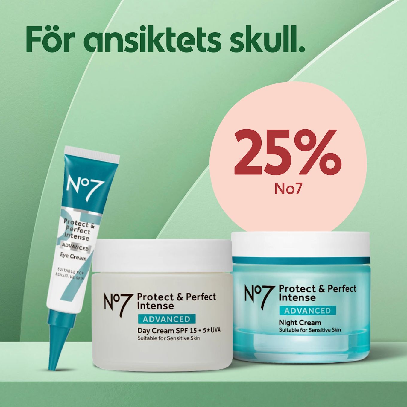 Tre No7 Protect & Perfect Intense-produkter (ögonkräm, dagkräm, nattkräm) på grön bakgrund med texten "För ansiktets skull." och en rosa cirkel med "25% No7".