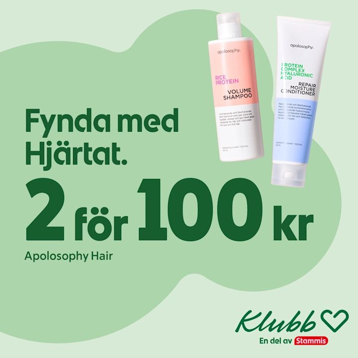 Två Apolosophy-hårprodukter (volymschampo i rosa flaska och reparerande balsam i blå tub) mot ljusgrön bakgrund med texten "Fynda med Hjärtat 2 för 100 kr" och Klubb-logotypen.