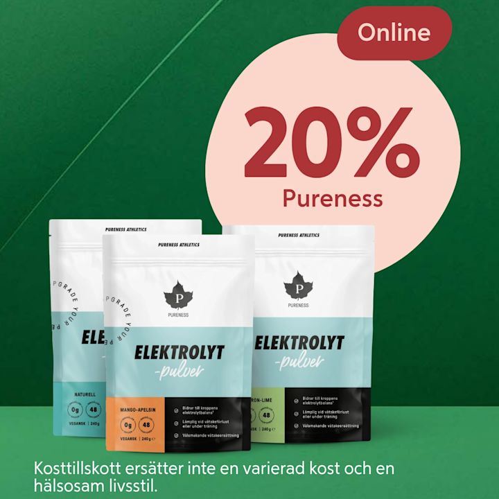 Tre påsar elektrolytpulver i vitt och turkost framför mörkgrön bakgrund, med en rosa cirkel med texten "20% Pureness" och en röd etikett "Online".