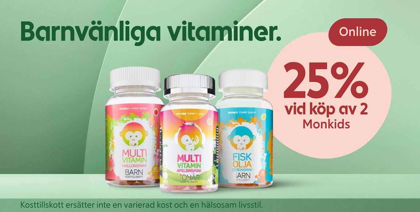Tre plastburkar med färgglada etiketter för barnvitaminer framför en grön bakgrund, bredvid en rosa cirkel med texten "25% vid köp av 2 Monkids" och ordet "Barnvänliga vitaminer" överst.