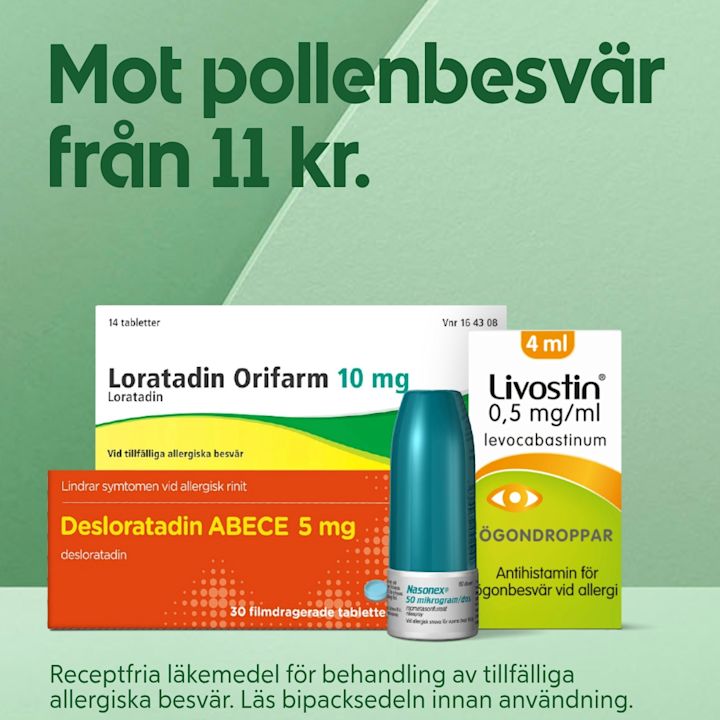 Flera allergiläkemedel i förpackningar (Loratadin Orifarm 10 mg, Desloratadin ABECE 5 mg, Livostin ögondroppar 0,5 mg/ml och en Nasonex nässpray) uppställda mot en grön bakgrund med texten "Mot pollenbesvär från 11 kr.".