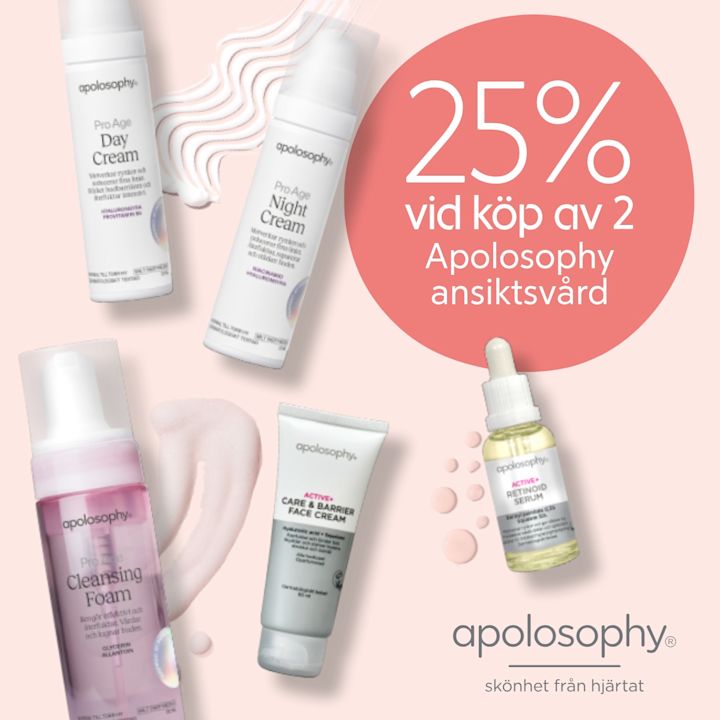 Fem apolosophy ansiktsvårdsprodukter (day cream, night cream, cleansing foam, face cream, retinol serum) arrangerade på rosa bakgrund med text "25% vid köp av 2 Apolosophy ansiktsvård" i en cirkel och varma produktkrämsmönster runt omkring.