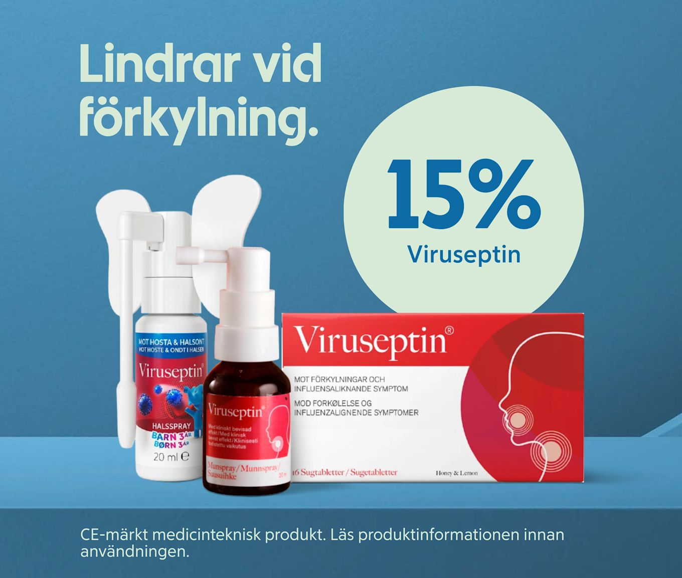 Viruspeptin halsspray, munspray och sugtabletter mot förkylning och influensaliknande symptom visas med texten "Lindrar vid förkylning" på blå bakgrund.