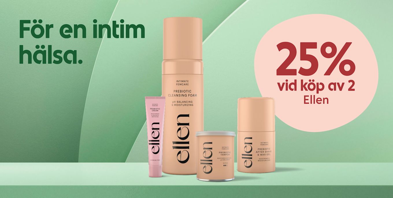 Fyra Ellen-produkter för intim hälsa står på en grön hylla med texten "För en intim hälsa" och erbjudandet "25% vid köp av 2 Ellen" i bakgrunden.