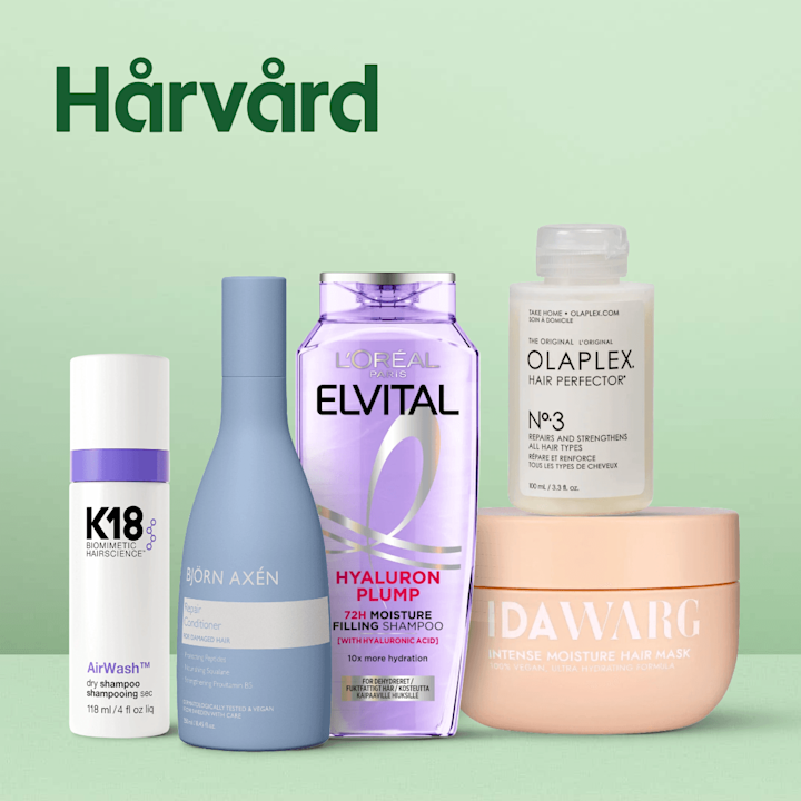 Ingång till kategorin Hårvård. I bild står hårvårdsprodukter från K19, Björn Axén, L'Oréal Elvital, Olaplex och Ida Warg mot en ljusgrön bakgrund med rubriken "Hårvård".