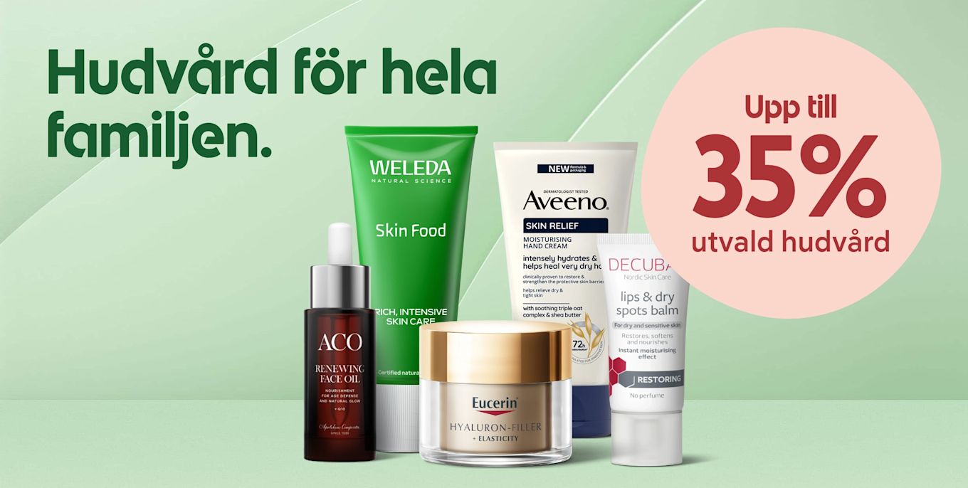 Flera hudvårdsprodukter i förgrunden (Weleda, Aveeno, Eucerin, ACO, Decubal) stående på ljusgrön bakgrund med texten "Hudvård för hela familjen" och en rosa cirkel som säger "Upp till 35% utvald hudvård".