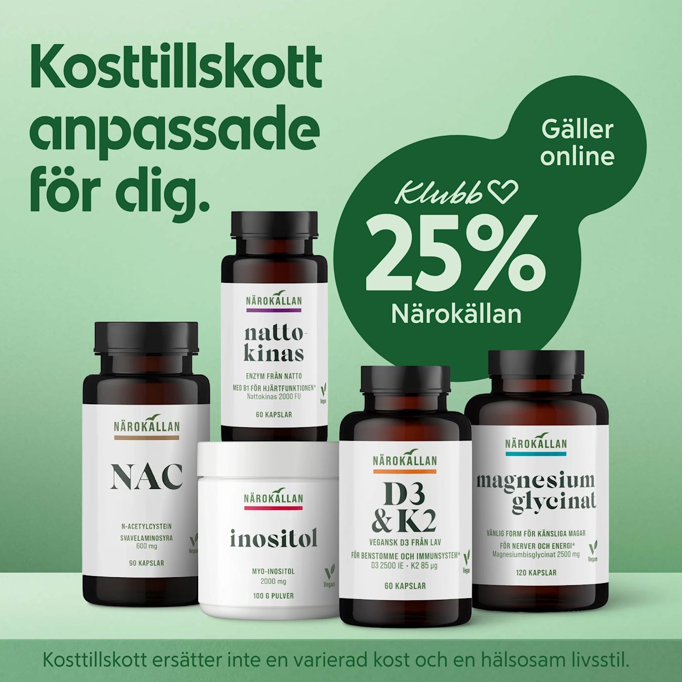 Flera kosttillskott från Närokällan uppradade framför en grön bakgrund, text till vänster "Kosttillskott anpassade för dig" och en mörkgrön pratbubbla till höger med "Klubb 25% Närokällan, gäller online".