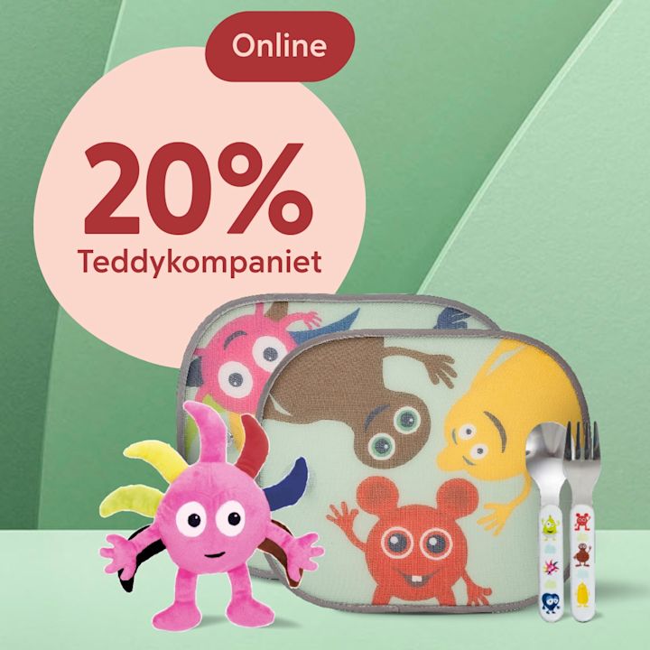 Rosa Teddykompaniet-figur med flerfärgade armar framför två barnmatningsassietter med glada monstertryck och matchande barnbestick, Teddykompaniet 20% rabatt och texten "Online" i bakgrunden.