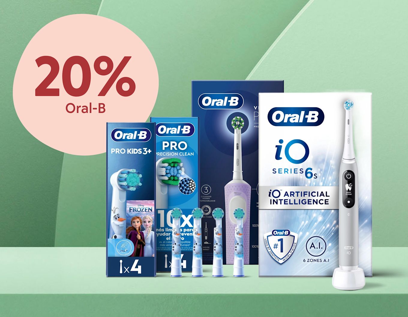 Oral‑B eltandborstar och flera ersättningsborsthuvuden i förpackningar framför en grön bakgrund, med en rosa cirkel till vänster som visar texten "20% Oral‑B".