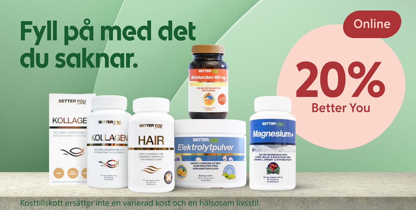 Olika kosttillskottsburkar och en flaska arrangerade på en betongyta, framför grön bakgrund med texten "Fyll på med det du saknar" och en rosa cirkel med "20% Better You" och etiketter som "Kollagen", "Hair", "Elektrolytpulver" och "Magnesium+".