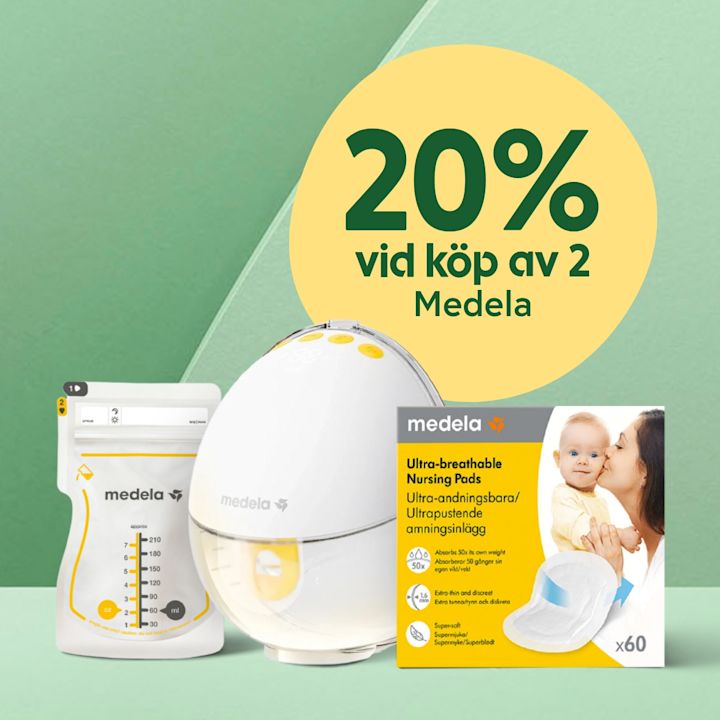 Medela-bröstpump och bröstmjölkspåse bredvid förpackning med ultralätta amningsinlägg, 20% rabatt på köp av 2 visas i gul cirkel mot grön bakgrund.