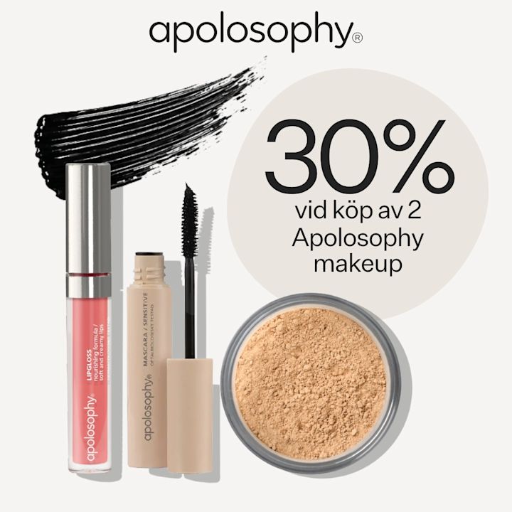 Tre sminkprodukter från Apolosophy(rosa läppglans, svart mascara  och mineralfoundation) och texten "30% vid köp av 2 Apolosophy makeup".