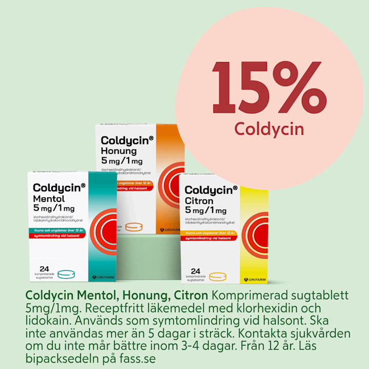 Tre paket Coldycin sugtabletter (Mentol, Honung, Citron) i förpackningar framför ljusgrön bakgrund med en stor rosa cirkel och texten "15% Coldycin".