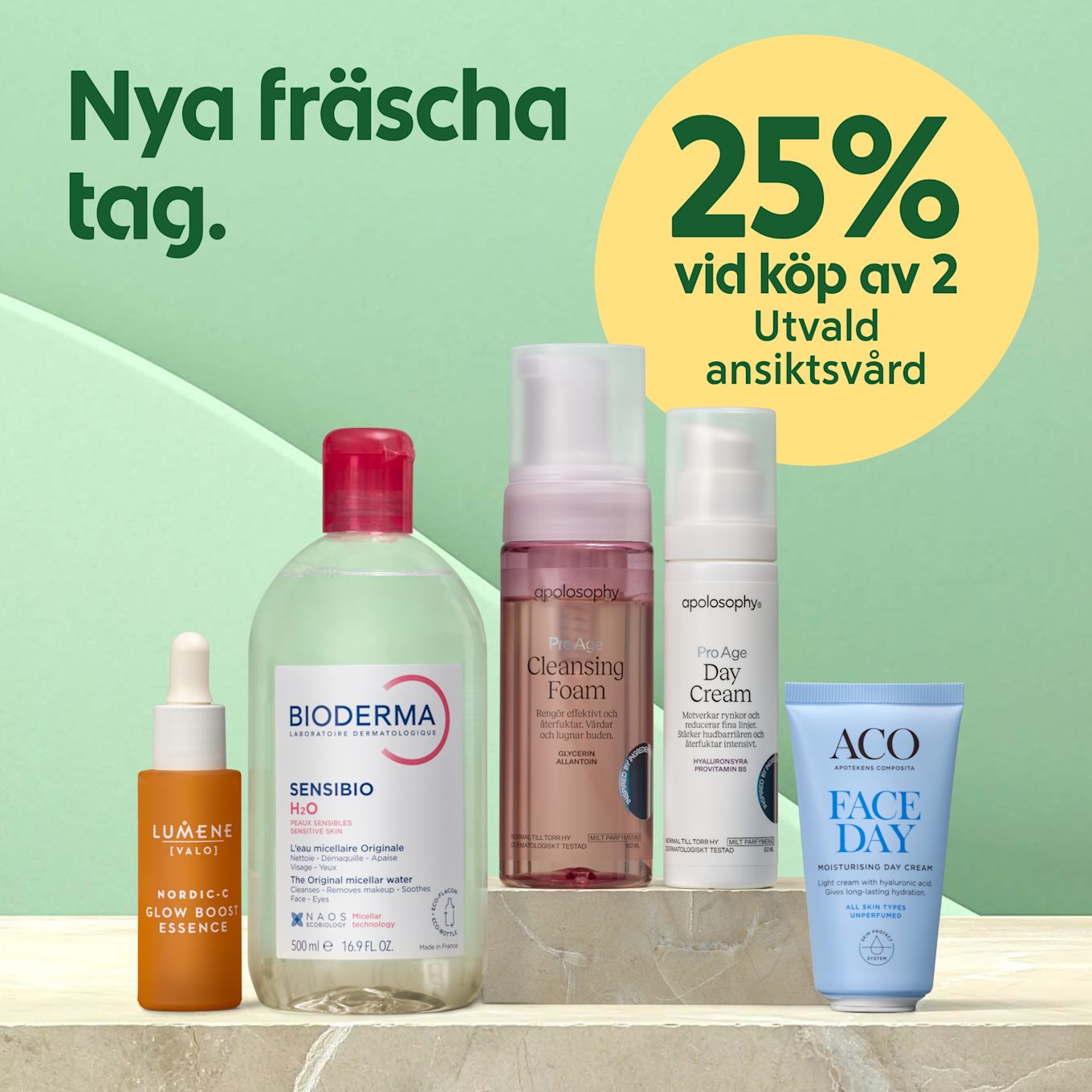 Fem hudvårdsprodukter i rad på en marmorbänk: Lumene dropper flaska, stor Bioderma Sensibio micellärflaska, Apolosophy rengöringsmousse, Apolosophy dagkräm och ACO Face Day-tub, mot mintgrön bakgrund med text "25% vid köp av 2 Utvald ansiktsvård".