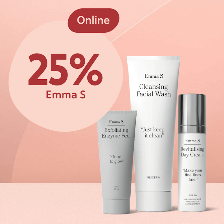Tre hudvårdsprodukter från Emma S (enzympeeling, ansiktsrengöring och dagkräm) står framför rosa bakgrund med stor cirkel och text "25% rabatt på Emma S" samt en röd oval "Online".