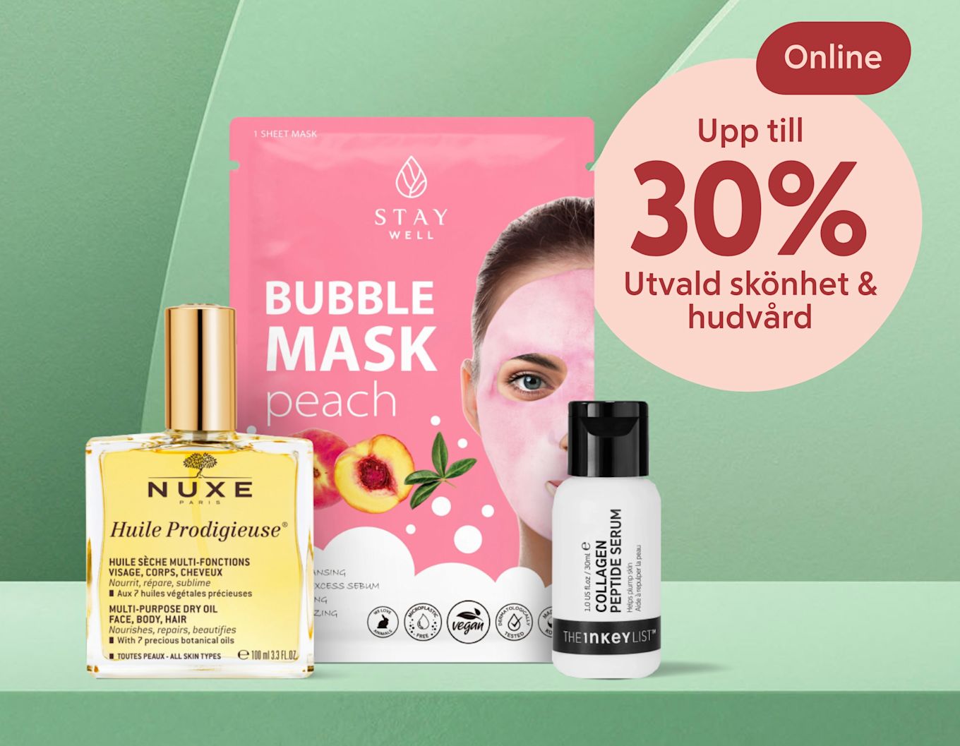 Tre skönhetsprodukter, inklusive ett rosa ansiktsmaskpaket, en flaska Nuxe multi-purpose torr olja och en flaska collagen peptide serum, visas mot en grön bakgrund med text om upp till 30 % rabatt online.