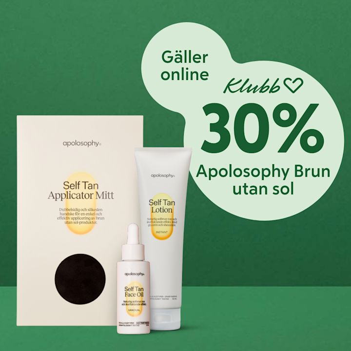 Självbruningsprodukter från Apolosophy med applicatorvante, lotion och ansiktsolja mot grön bakgrund med text om 30% rabatt online.