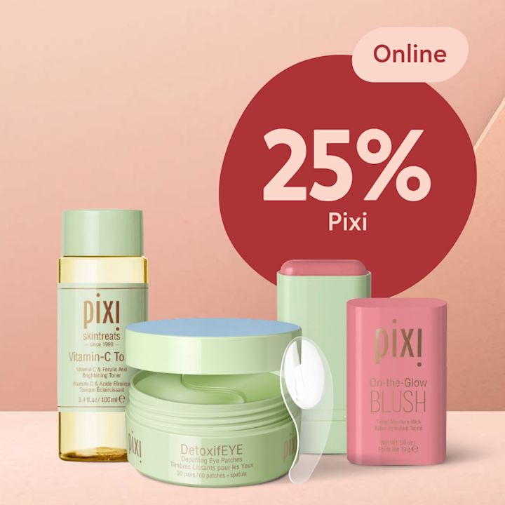 Fyra Pixi hudvårdsprodukter arrangerade mot en rosa bakgrund med text om 25% rabatt online.