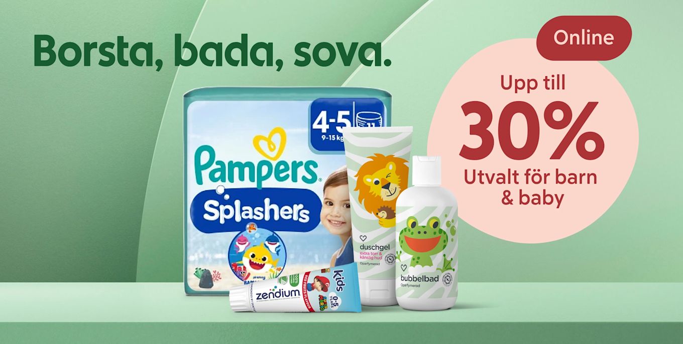 Paket Pampers Splashers, barnschampo, bubbelbad och tandkräm uppställda framför grön bakgrund med rosa cirkeltext "Upp till 30% Utvalt för barn & baby" och rubriken "Borsta, bada, sova.".