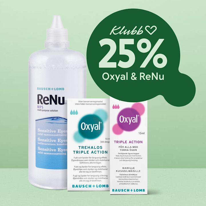 En flaska med ReNu-linsvätska och två Oxyal-ögondroppsaskar står framför ljusgrön bakgrund med en mörkgrön pratbubbla som visar texten "Klubb 25% Oxyal & ReNu".