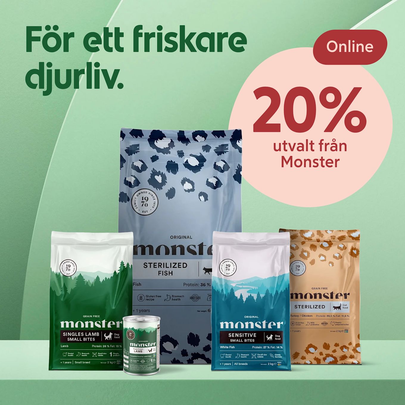 Flera färgglada hund- och kattmatsförpackningar från varumärket Monster i olika storlekar stående på en grön hylla. Bredvid finns en stor rosa cirkel med texten "20% utvalt från Monster" och rubriken "För ett friskare djurliv" på vänster sida.