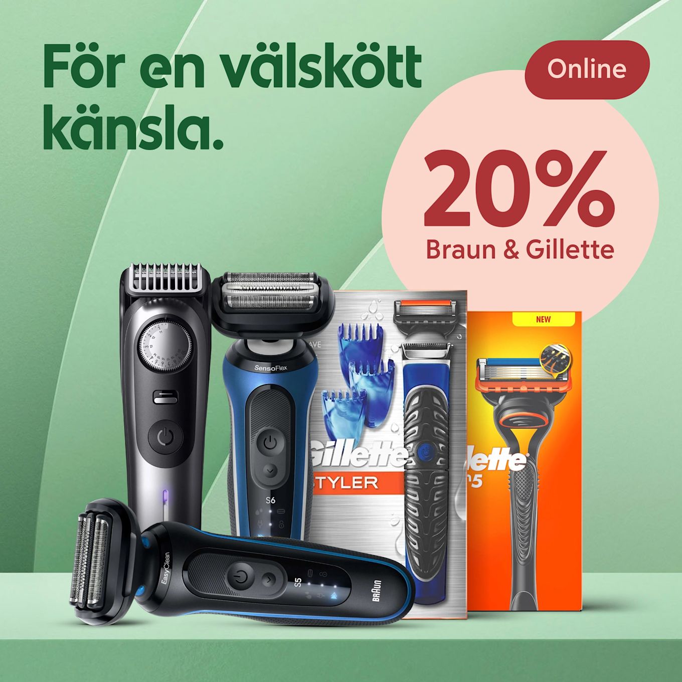 Flera rakhyvlar och trimmers i olika modeller placerade i rad framför en grön bakgrund med texten "För en välskött känsla" och en rosa cirkel med "20% Braun & Gillette" samt en röd "Online"-etikett.
