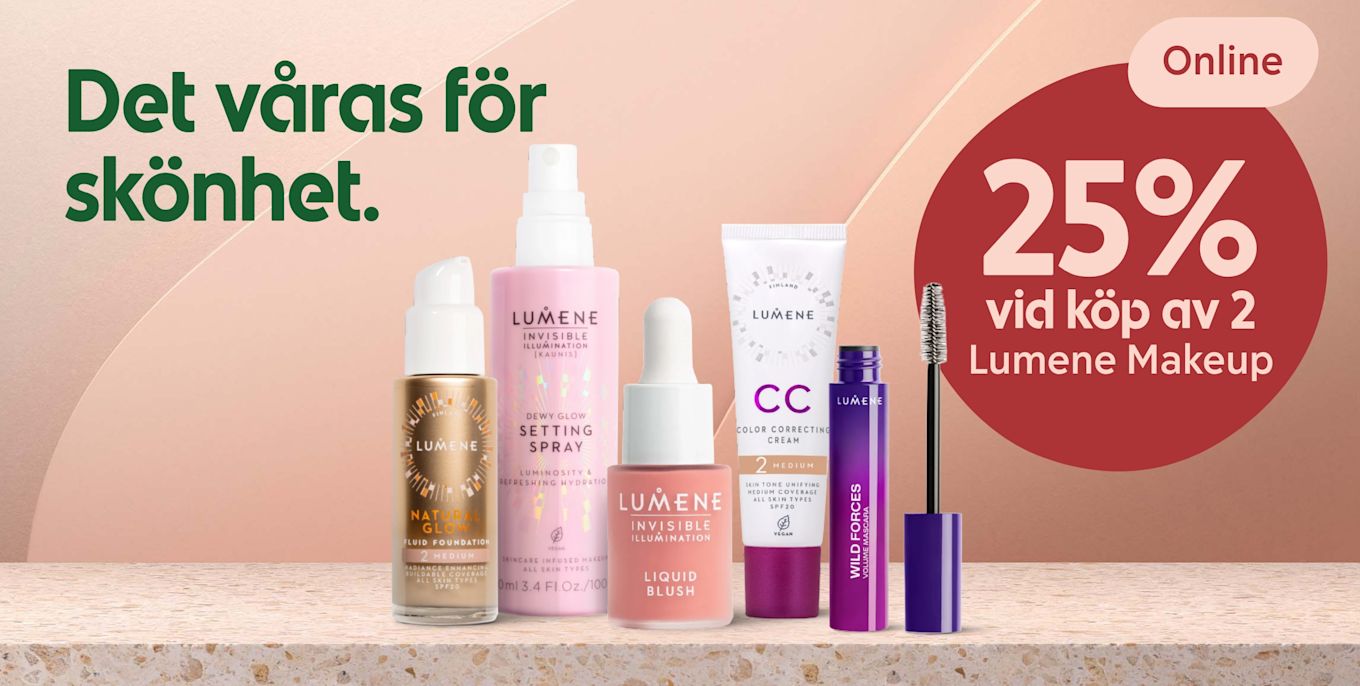 Flera Lumene-sminkprodukter (foundation, setting spray, flytande rouge, CC-cream, mascara) uppradade på en marmorbänk med rosa bakgrund och texten "Det våras för skönhet" samt en röd cirkel som visar "25% vid köp av 2 Lumene Makeup".