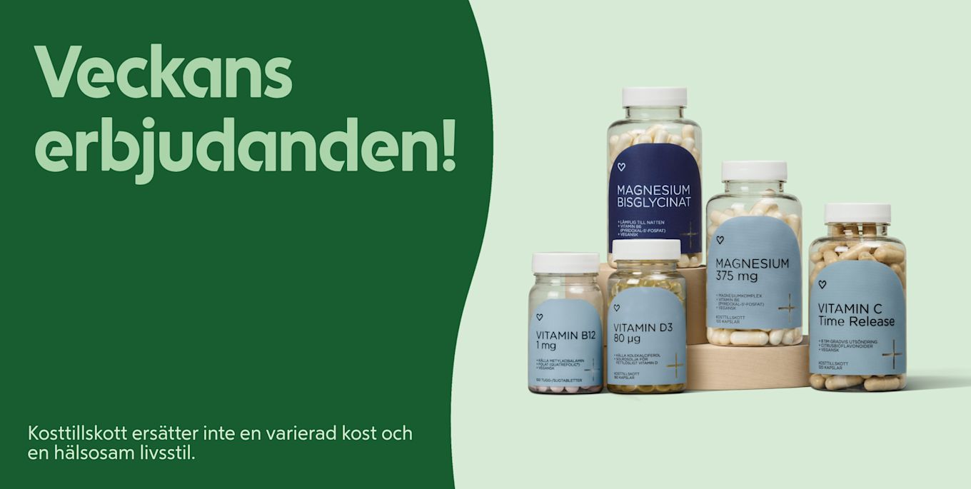 Flera kosttillskottsflaskor med magnesium och vitaminer står på ett bord bredvid texten "Veckans erbjudanden!" på en grön bakgrund.