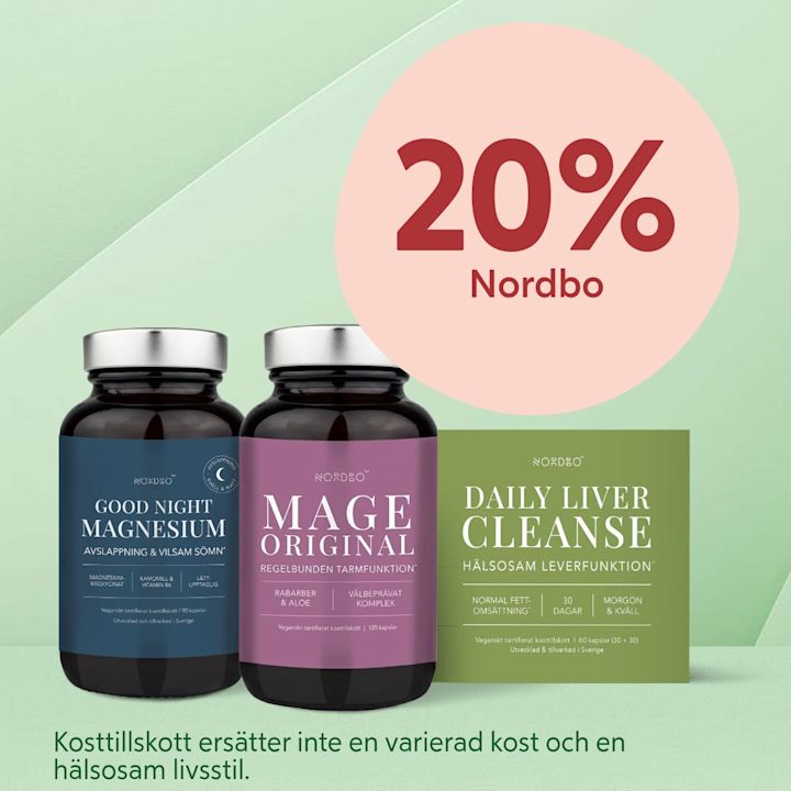 Två mörkglasade kosttillskottsburkar i förgrunden (Good Night Magnesium och Mage Original) bredvid en grön Daily Liver Cleanse-box, med en stor rosa cirkel i bakgrunden som visar "20% Nordbo" och en ljusgrön bakgrund.