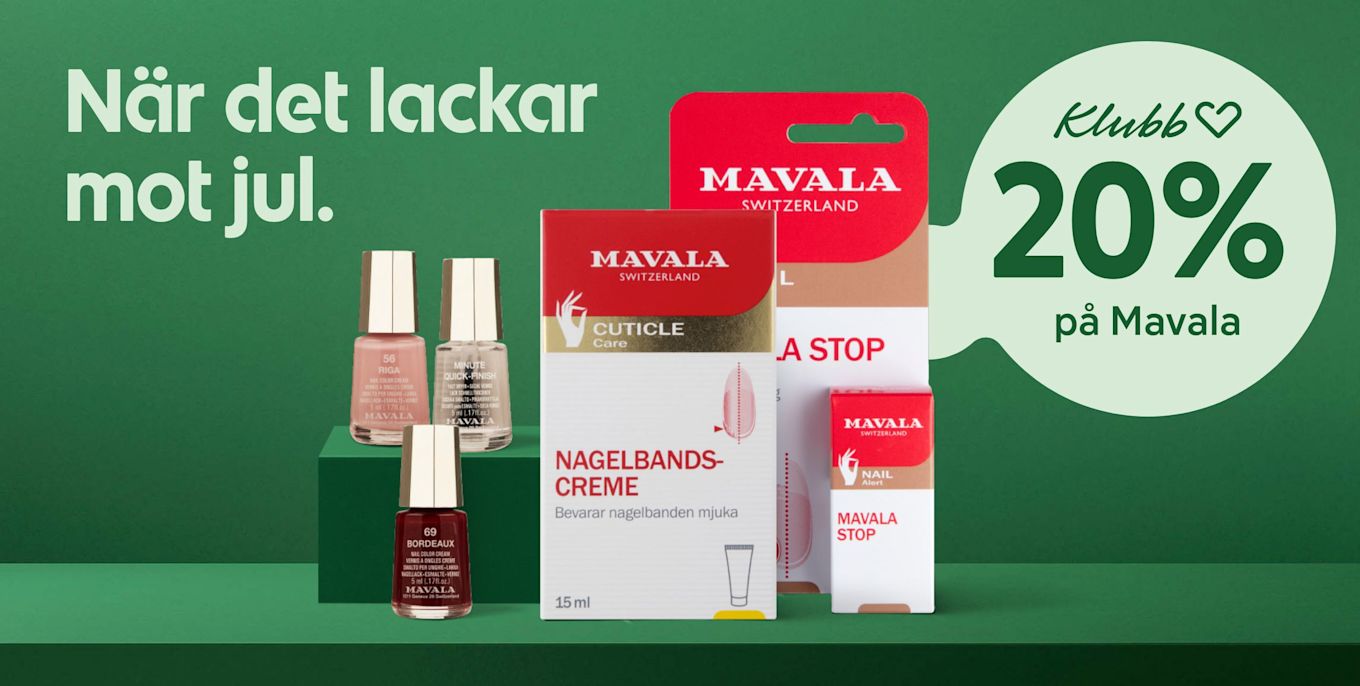 Nagellacksflaskor och nagelvårdsprodukter från Mavala visas på en grön bakgrund med text om 20% rabatt i klubb.