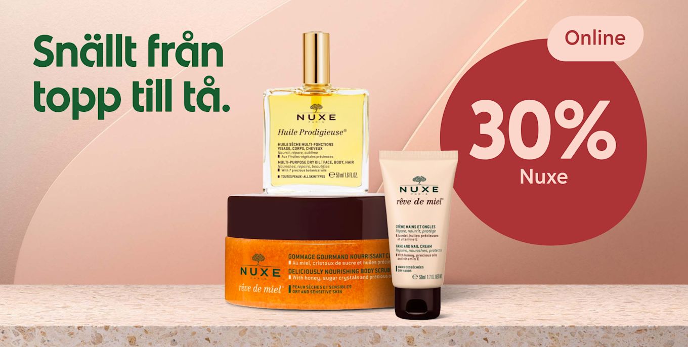 Tre Nuxe hudvårdsprodukter placerade på en stenbänk med texten "Snällt från topp till tå" och en röd cirkel med "Online 30% Nuxe" i bakgrunden.